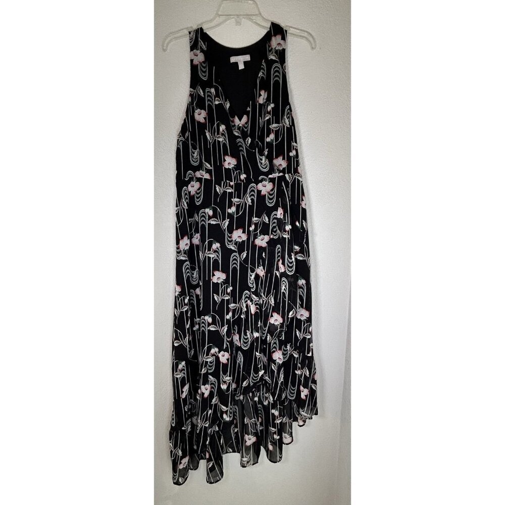 Chelsea 28 Dress Womens Medium Black Floral Sleeveless Asymmetrical Ruffle Hem - Picture 1 of 12